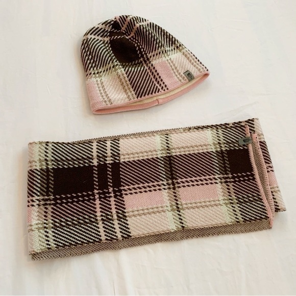 The North Face knitted beanie scarf One size Big girls plaid design pink & tan - Picture 15 of 15
